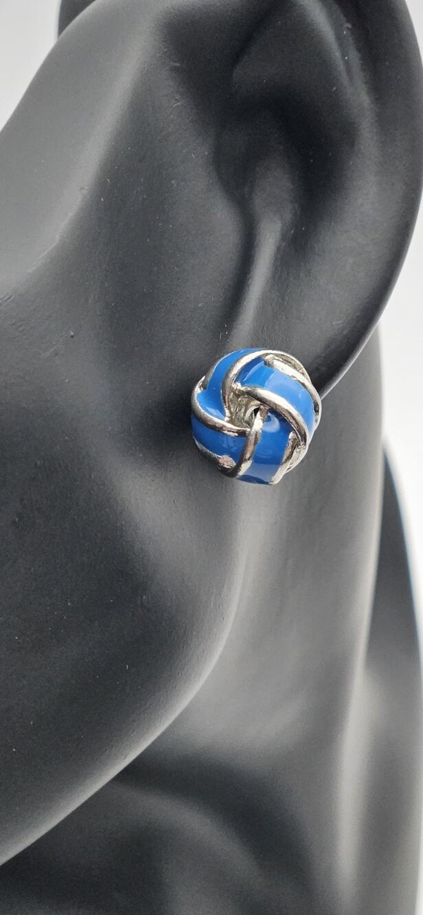 Blue Enamel Knot Stud Earrings Silver Tone Round Costume Jewelry